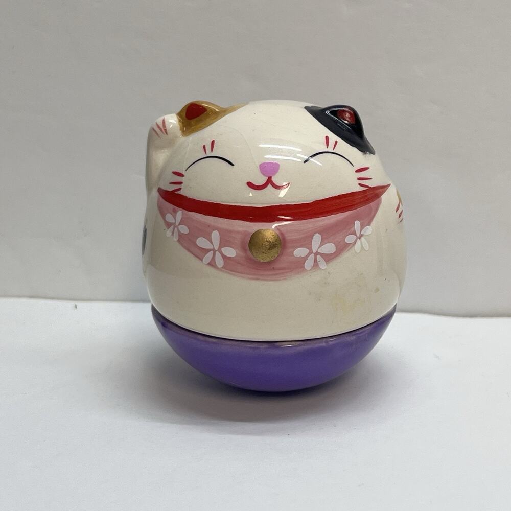 maneki neko lucky cat roly poly bell‎ inside purple pink